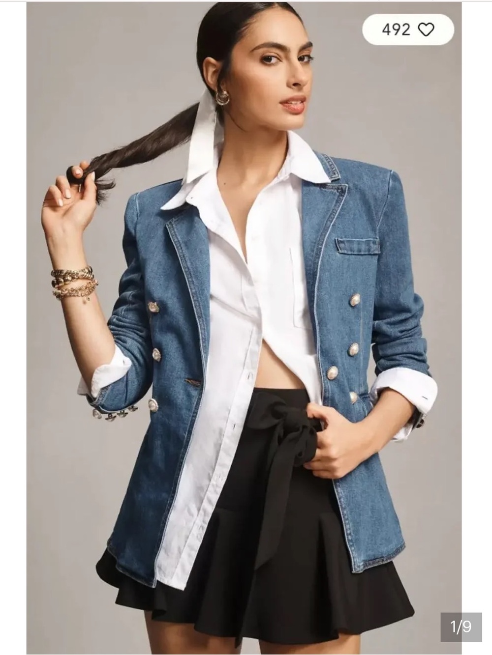 Denim Double-Breasted Blazer Jacket - Blue